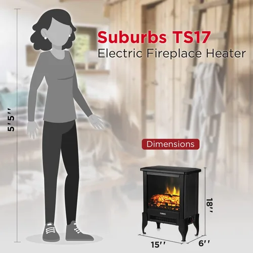 Miniatura 6 de TURBRO Suburbs TS17 - Estufa eléctrica compacta para chimenea, calentador independiente de 18 pulgadas con llama realista, certificado CSA, Negro