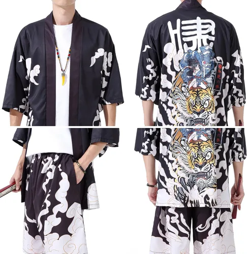 Miniatura 7 de PRIJOUHE Conjunto de kimono de estilo japonés para hombre, ligero, casual, con siete mangas, frente abierto, cárdigan y pantalones cortos