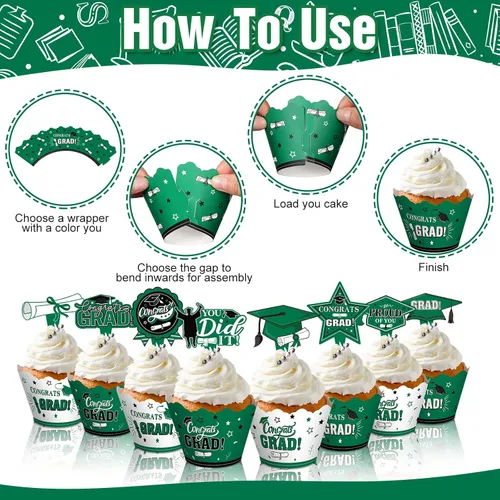 Miniatura 6 de Lincia 96 Pcs 2026 Graduation Cupcake Toppers 2026 Graduation Cupcake Liners Decorations with Picks, Grad Party Supplies Cake Topper and Green