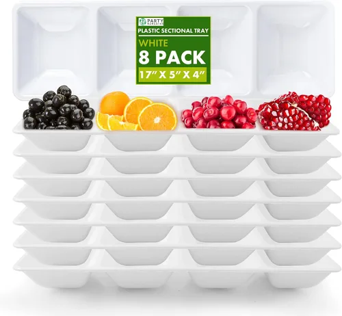 Miniatura 10 de Party Bargains Bandeja rectangular seccional desechable transparente (paquete de 8) de 5 x 16 pulgadas. Bandeja de plástico con 4 compartimentos