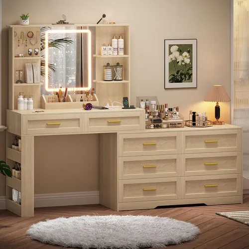 Miniatura 12 de ELYKEN Tocador Moderno con Espejo y Luces, Mesa de Maquillaje con Tablero de Vidrio y Enchufe Eléctrico, Tocador con 6 Estantes de Almacenamiento, 8