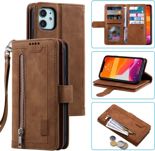 Miniatura 11 de UEEBAI Funda tipo cartera para iPhone 12 Mini de 5.4 pulgadas, retro 9 ranuras para tarjetero, bolsillo con cremallera, cierre magnético, función