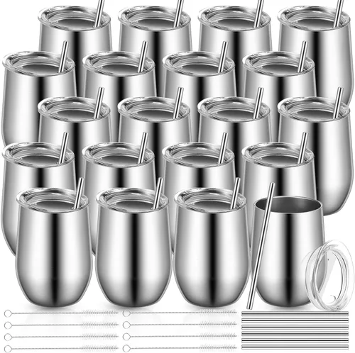 Vesici Paquete de 20 vasos de vino aislados con tapas, vasos de vino de acero inoxidable de 12 onzas sin tallo, vasos de vino de doble capa al