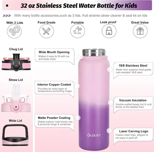 Miniatura 3 de Oldley Botella de Agua Aislada con Pajilla de 20oz, Botellas de Agua de Acero Inoxidable con 3 Tapas, Aislamiento al Vacío de Doble Pared Térmica