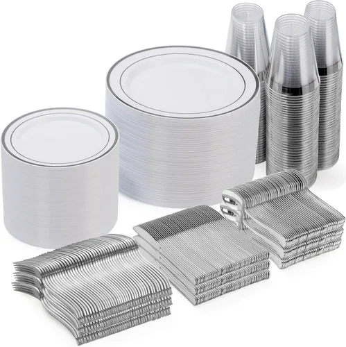 Goodluck 600 Piezas Platos Desechables Plateados para 100 Invitados, Juego de Vajilla de Plástico de 100 Platos de Cena, 100 Platos de Ensalada, 100