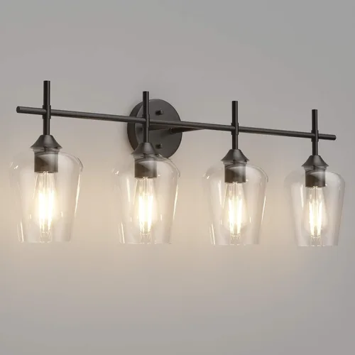Miniatura 19 de Ralbay Lámparas de baño doradas 2 luces con vidrio transparente, iluminación moderna de montaje en pared, iluminación industrial de granja, luces