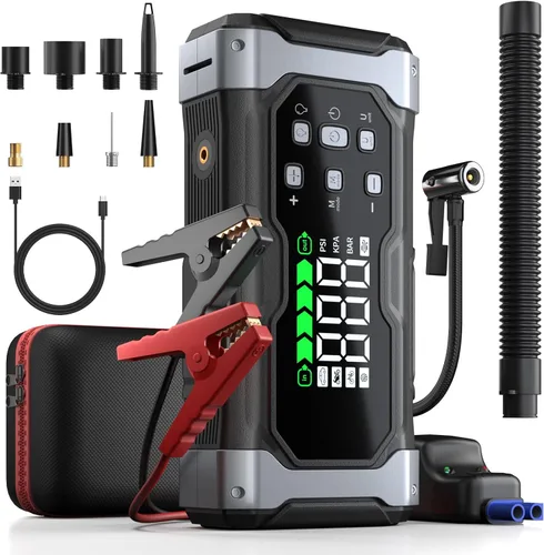 Arrancador integral de 9000 A con compresor de aire/desinflador de 150 PSI, amplificador portátil de 12 V para automóvil (toda gasolina/14 L