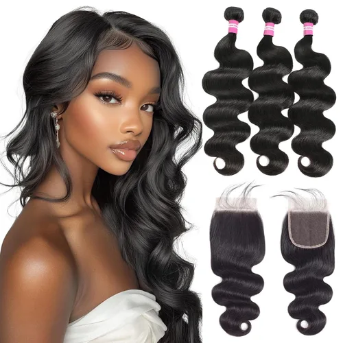 DMKEEP Extensiones de cabello humano ondulado con cierre, 12, 14, 16+10 pulgadas, 100% cabello virgen brasileño sin procesar, 3 paquetes con cierre