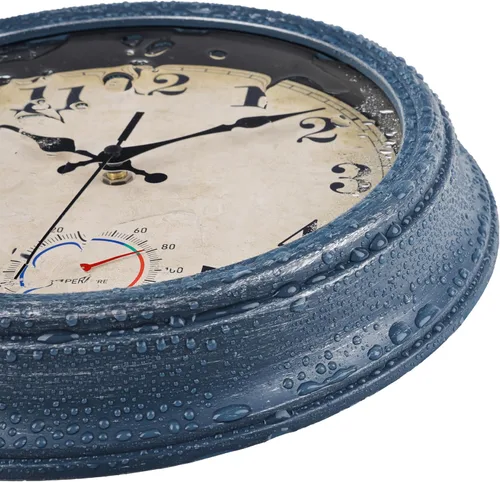 Miniatura 6 de Relojes para exteriores impermeables con termómetro, reloj de pared costero rústico para patio, piscina, jardín (12 pulgadas, azul)