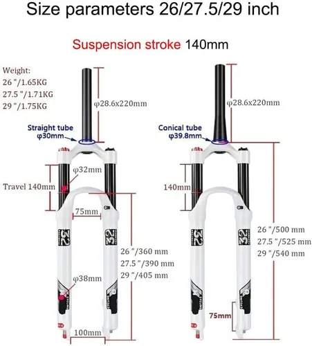 Miniatura 2 de Horquilla de suspensión de bicicleta de montaña de 5.512 in 26/27.5/29 pulgadas, aleación de magnesio 1-1/8 "tubo recto amortiguador de aire freno