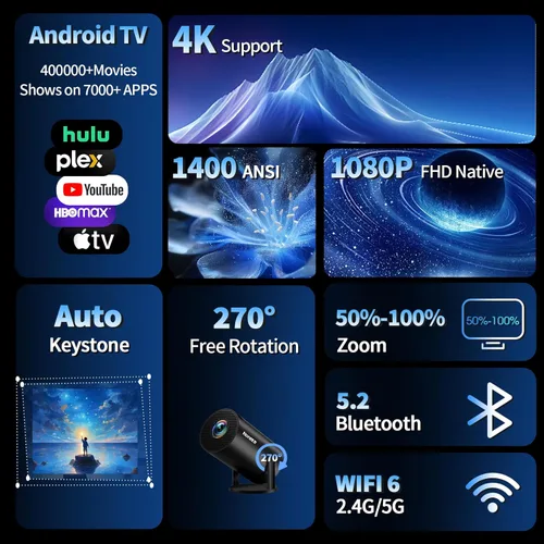 Miniatura 2 de Mini proyector 4K compatible con 1080P FHD - Keystone automático 270° giratorio, WiFi 6 y Bluetooth 5.2, Smart Android TV OS, proyector portátil