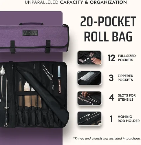 Miniatura 2 de Asaya Bolsa de nailon encerado para cuchillos de chef con 20 ranuras y bolsillos con cremallera, bolsa profesional para cuchillos de chef y estuche