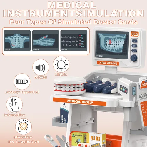 Miniatura 4 de RedCrab Kit de Doctor para Niños, Juego de Doctores para Niños de 32 Piezas con Carrito Médico, Estetoscopio, Termómetro y Jeringa, Juguete de Juego
