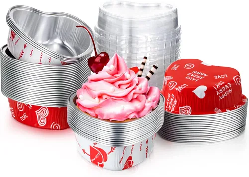 Honeydak 50 juegos de moldes para tartas en forma de corazón de San Valentín con tapas, de papel de aluminio, 3.4 onzas, mini tazas desechables para