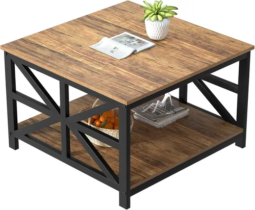Miniatura 16 de GreenForest - Mesa de café con esquina redonda, mesa central de granja con estante de almacenamiento de 2 niveles y diseño de marco en X para sala