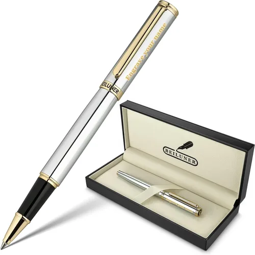 Miniatura 10 de BEILUNER - Bolígrafo de lujo con bola de rodillo, impresionante diseño de cromo plateado con acabado en oro de 24 quilates, diseños nobles y cromo