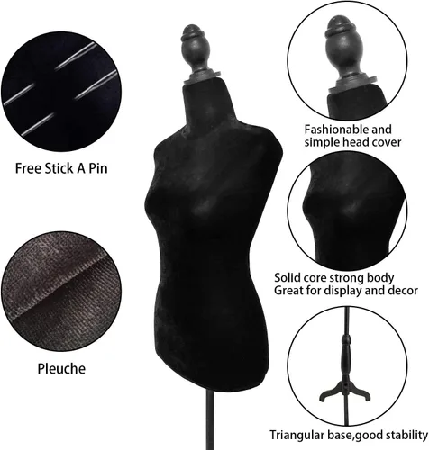 Miniatura 3 de SHAREWIN Maniquí femenino con torso para vestidos, cuerpo negro con soporte de trípode ajustable para exhibir joyería