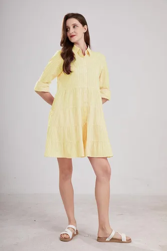 Miniatura 5 de utcoco Vestido camisero a rayas con botones para mujer, casual, holgado, con puños, manga larga, vestidos largos