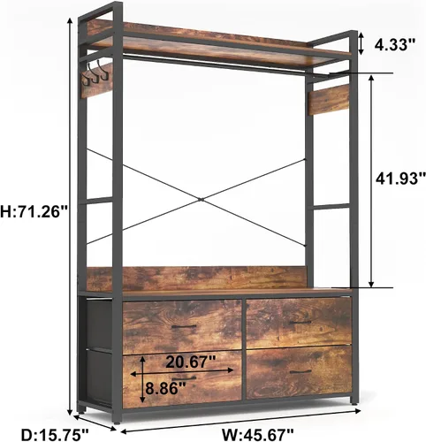Miniatura 3 de Perchero para ropa con cajones, perchero para ropa con estantes y varilla para colgar, perchero de ropa industrial con almacenamiento para bolsas