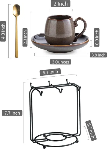 Miniatura 2 de LYEOBOH Juego de 6 tazas y platillos de espresso de 3 onzas, tazas de café pequeñas de cerámica con soporte de metal y cucharas, lindas tazas Marrón
