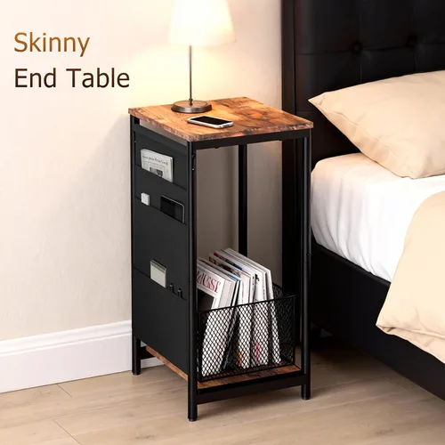 Miniatura 5 de Mesa auxiliar pequeña y estrecha, mesa auxiliar delgada con bolsillos de almacenamiento para espacios pequeños, sala de estar, dormitorio, sofá