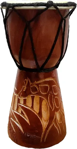 Miniatura 25 de Djembe Drum Carved Bongo música de inspiración africana también una idea única para regalar. Carver Abstract Elephant Giraffe Turtle.