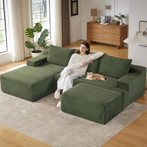 Miniatura 33 de Sofá modular de 95 pulgadas con otomana, moderno sofá nube de pana con asiento profundo, sofá sin hueso tapizado de 3 plazas en forma de U para sala