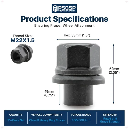Miniatura 4 de Tuerzas de rueda con brida de manga de 19mm de dos piezas 6 piezas, M22x1.5 Hex: 33mm Negro para camiones pesados, camiones semirremolque, ruedas