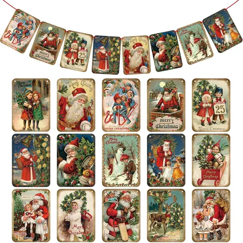 15 piezas de bandera colgante de Navidad estilo vintage, adornos de Navidad victorianos, guirnaldas decorativas con cinta roja, decoración Copo de