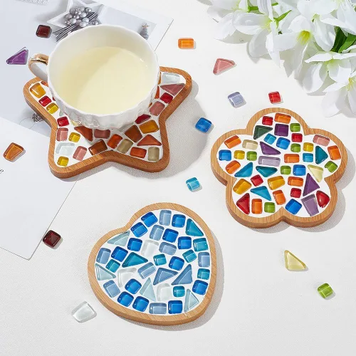 Miniatura 7 de WEBEEDY Juego de 3 juegos de mosaico de azulejos de vidrio, kit de posavasos de mosaico con base de posavasos de bambú, azulejos de mosaico