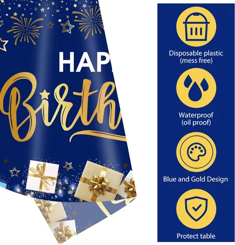 Miniatura 3 de DUAIAI Decoraciones de feliz cumpleaños, 3 manteles de cumpleaños azul marino y dorado para niños, niñas, hombres y mujeres, funda de mesa