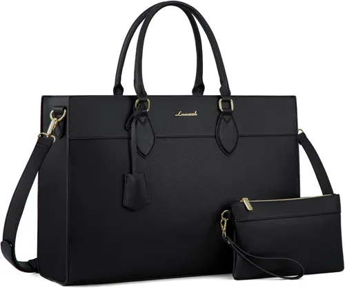Miniatura 16 de LOVEVOOK Bolsa para laptop para mujer, bolsa de trabajo para laptop de 15.6 pulgadas, maletín grande de cuero impermeable para oficina, beige y negro