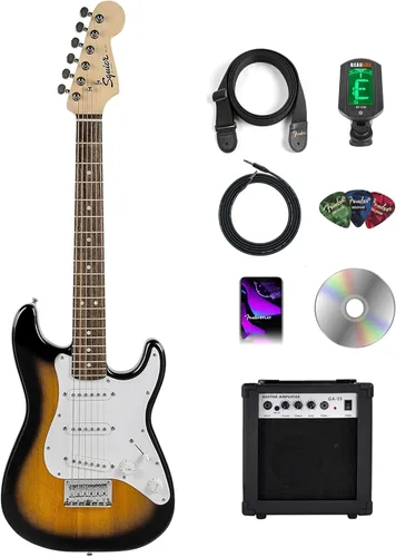Fender Squier - Guitarra eléctrica de tamaño 3/4 para niños, paquete con amplificador, cable, sintonizador, correa, púas, lecciones en línea y DVD