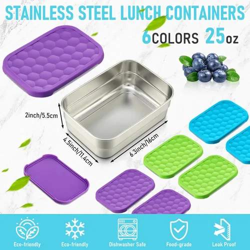 Miniatura 2 de Layhit 6 recipientes de acero inoxidable para niños, recipientes de almuerzo de 25 onzas con tapas de silicona para fugas, caja de aperitivos