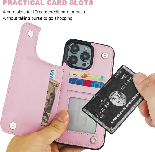 Miniatura 4 de ONETOP Compatible con iPhone 15 Pro Max Funda Billetera con Portador de Tarjetas, Funda de Cuero PU con Soporte y Ranuras para Tarjetas, Doble Rosa