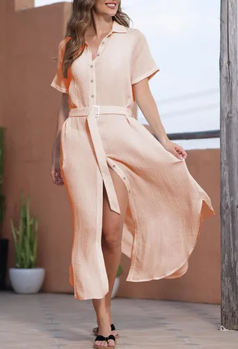 Miniatura 4 de AOHITE Vestido de manga corta con botones para mujer, vestido maxi de playa