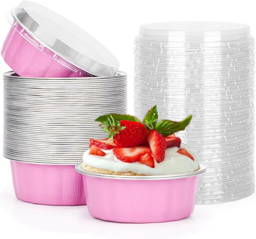 Miniatura 59 de Beasea Ramequines con tapas, 8oz 50 unidades de tazas de aluminio desechables para hornear, tazas de papel de aluminio plateado para creme brulee