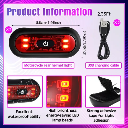Miniatura 2 de Tujoe Juego de 2 luces LED rojas para casco trasero de motocicleta, luces traseras recargables para casco de advertencia de seguridad con cable USB