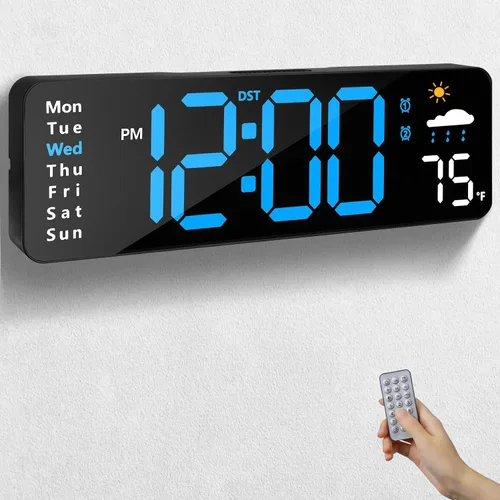 Reloj de pared digital con control remoto para decoración de pared interior (azul) | Large Display Plug in LED Digital Alarm Clocks with 12/24Hr,