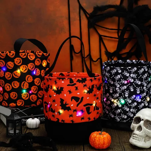 Miniatura 4 de Teling 6 bolsas de dulces de calabaza iluminadas para Halloween, cestas de regalo reutilizables para fiestas de cumpleaños
