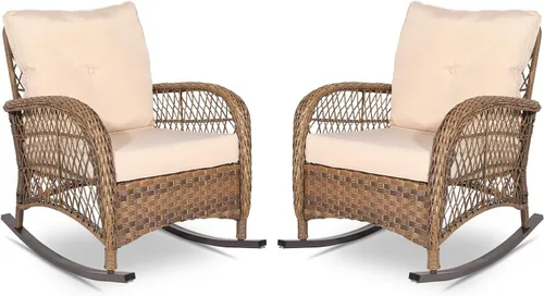 Miniatura 22 de VIVIJASON Mecedora de mimbre para exteriores, silla mecedora de ratán para patio con cojines y marco de acero, muebles de mimbre mecedores