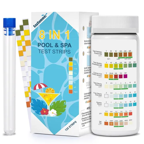 Kit de tiras reactivas para piscina de agua salada: 125 unidades 8 en 1 para kit de prueba de piscina de agua salada, tiras reactivas para piscina