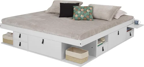 Miniatura 17 de Memomad Bali Slim Set: Plataforma de almacenamiento con cajones + Cabecero de panel plano (Tamaño completo, madera marrón roble)
