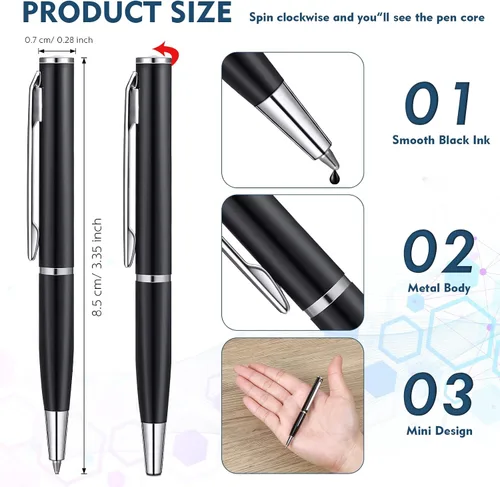 Miniatura 2 de Chinco 16 piezas de bolígrafos redondos pequeños negros, mini bolígrafos a granel de metal de acero inoxidable con puntas de metal, con accesorios