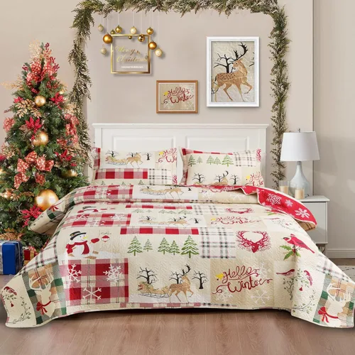 Miniatura 15 de Juego de colcha de Navidad de Smuge, tamaño king - Reversible, con diseño de alce, muñeco de nieve, árbol de Navidad, pequeña campana, rojo, verde
