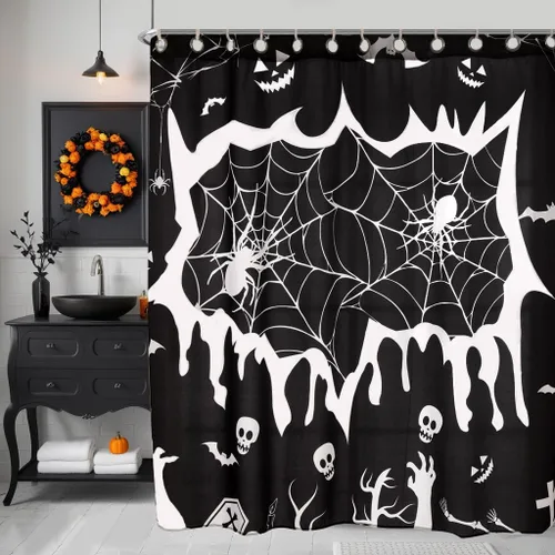 Miniatura 6 de EVENHUG Cortina de ducha de Halloween con ganchos, juego de cortina de ducha impermeable para baño, decoración temática de Halloween, 72 x 72