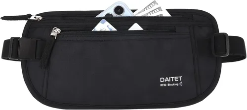 DAITET Cinturón de dinero, soporte para pasaporte, cartera de viaje oculta segura con bloqueo RFID, riñonera encubierta (negro), Negro, Rfid