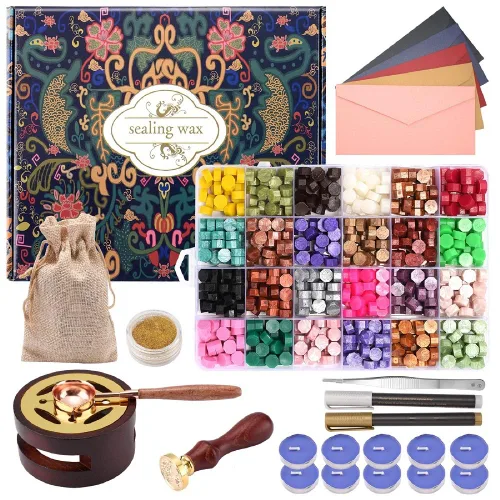 Kit de sellos de cera - 24 colores, 624 cuentas de sellos, calentador de cera de sellado, bolígrafo y sobre metálico, juego de regalo y decoración