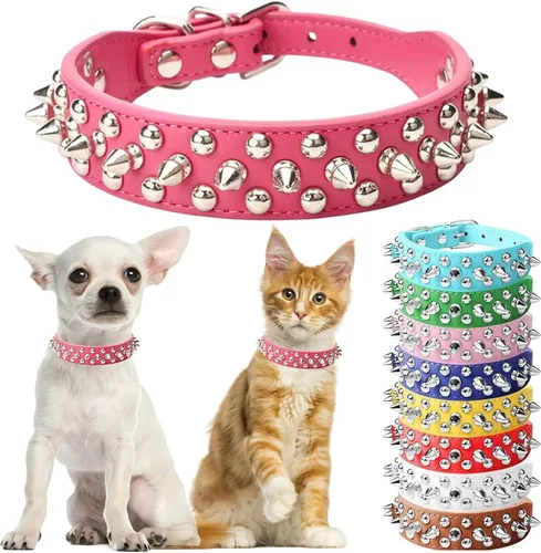 Miniatura 11 de Collar de perro con pinchos para perros pequeños, collares de cachorro macho con pinchos de cuero PU con remaches de hongos, collares tachonados