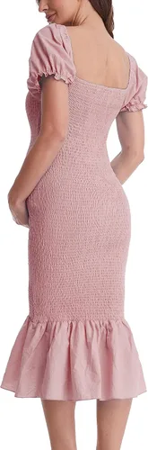 Miniatura 6 de Vestido de maternidad de verano a media pierna, manga corta abombada, cuello cuadrado, dobladillo con volantes, vestido de sirena para baby shower